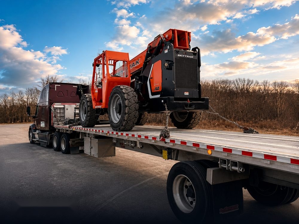 BENTOS Freightliner with flatbed trailer hauling equipment