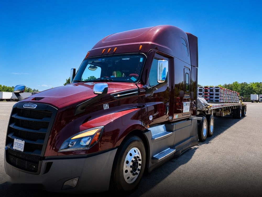 BENTOS Freightliner with flatbed trailer hauling secured cargo
